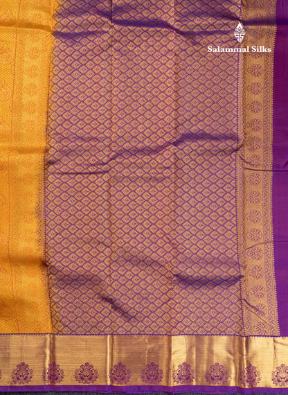 Beautiful Mango Yellow Bridal Pure Kanjivaram Silk Saree With Contrast Purple Border