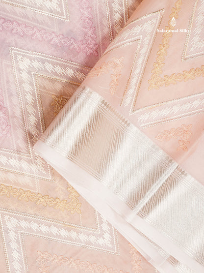 Semi Organza -  Multi Colour Zig-Zag Thread Work  Fancy Saree With Traditional Border