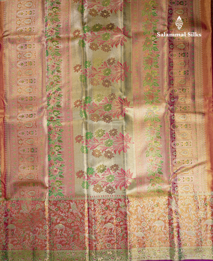 Beautiful Green Tissue Bridal Pure Kanjivaram Silk Saree With Contrast Pink Fancy Border