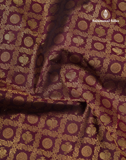 Beautiful Dark Magenta Peacock & Chakaram Butta Bridal 2G Pure Kanjivaram Silk Saree With Traditional Evening Morning Border