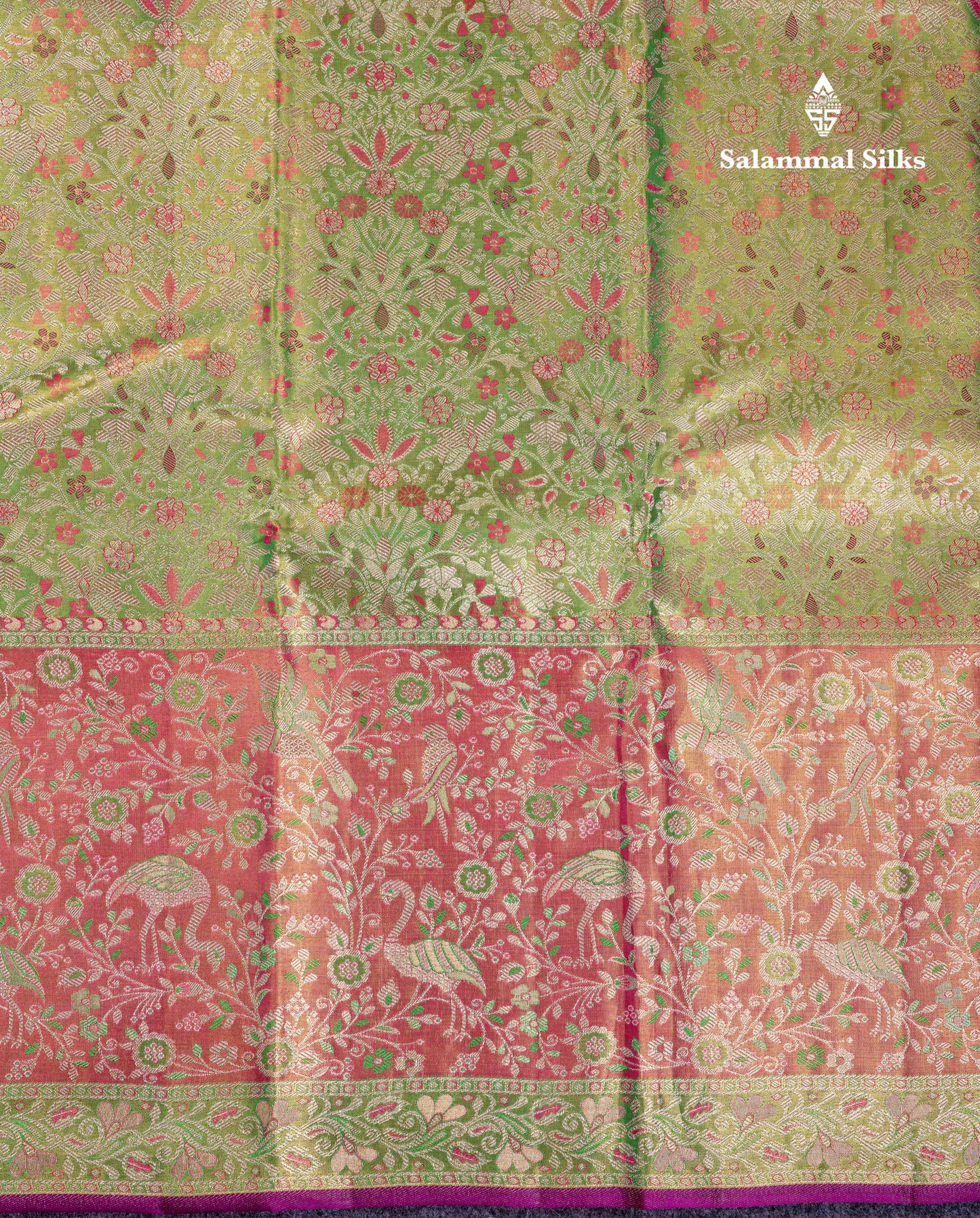 Beautiful Green Tissue Bridal Pure Kanjivaram Silk Saree With Contrast Pink Fancy Border