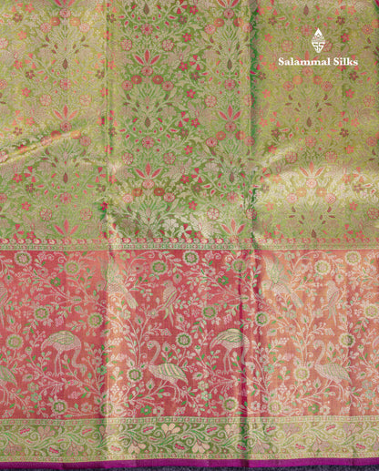 Beautiful Green Tissue Bridal Pure Kanjivaram Silk Saree With Contrast Pink Fancy Border