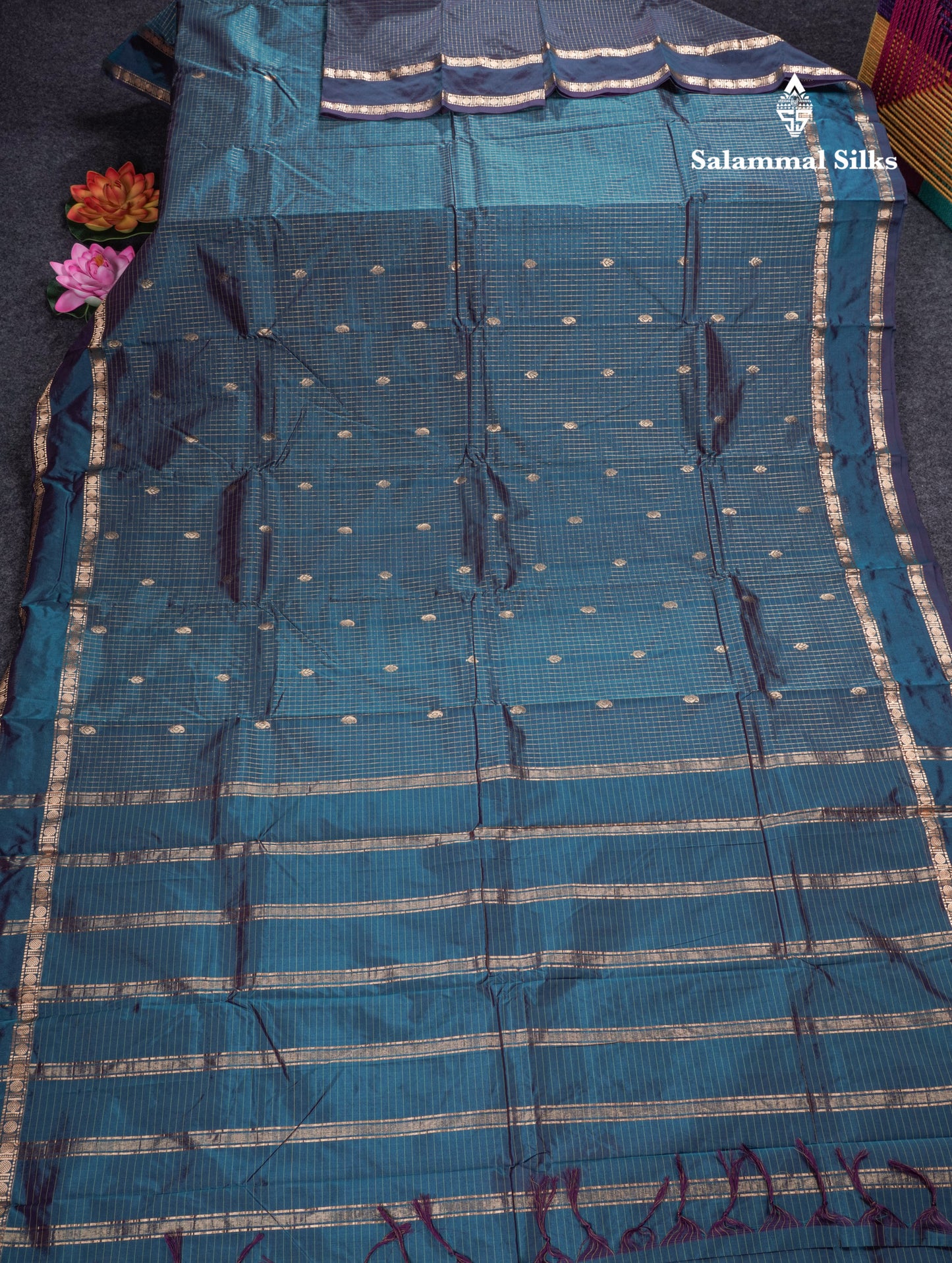 Light Weight Semi Silk Saree - Brown Checks With Butta With Traditional Rettapet Border