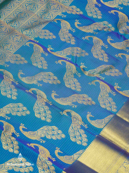 Beautiful Dual Tone Peacock Blue Bridal Pure Kanjivaram Silk Saree With Traditional Border