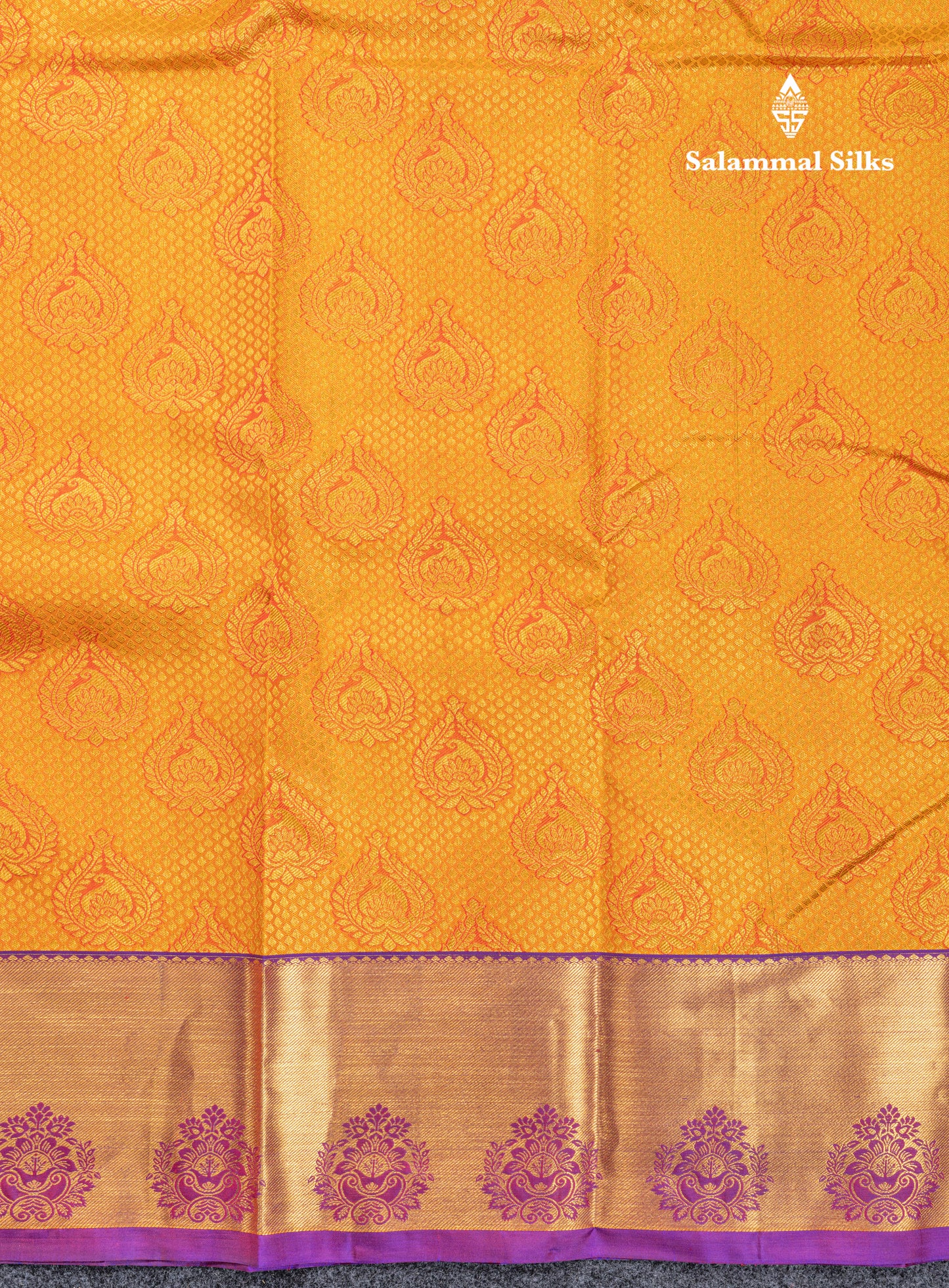 Beautiful Mango Yellow Bridal Pure Kanjivaram Silk Saree With Contrast Purple Border