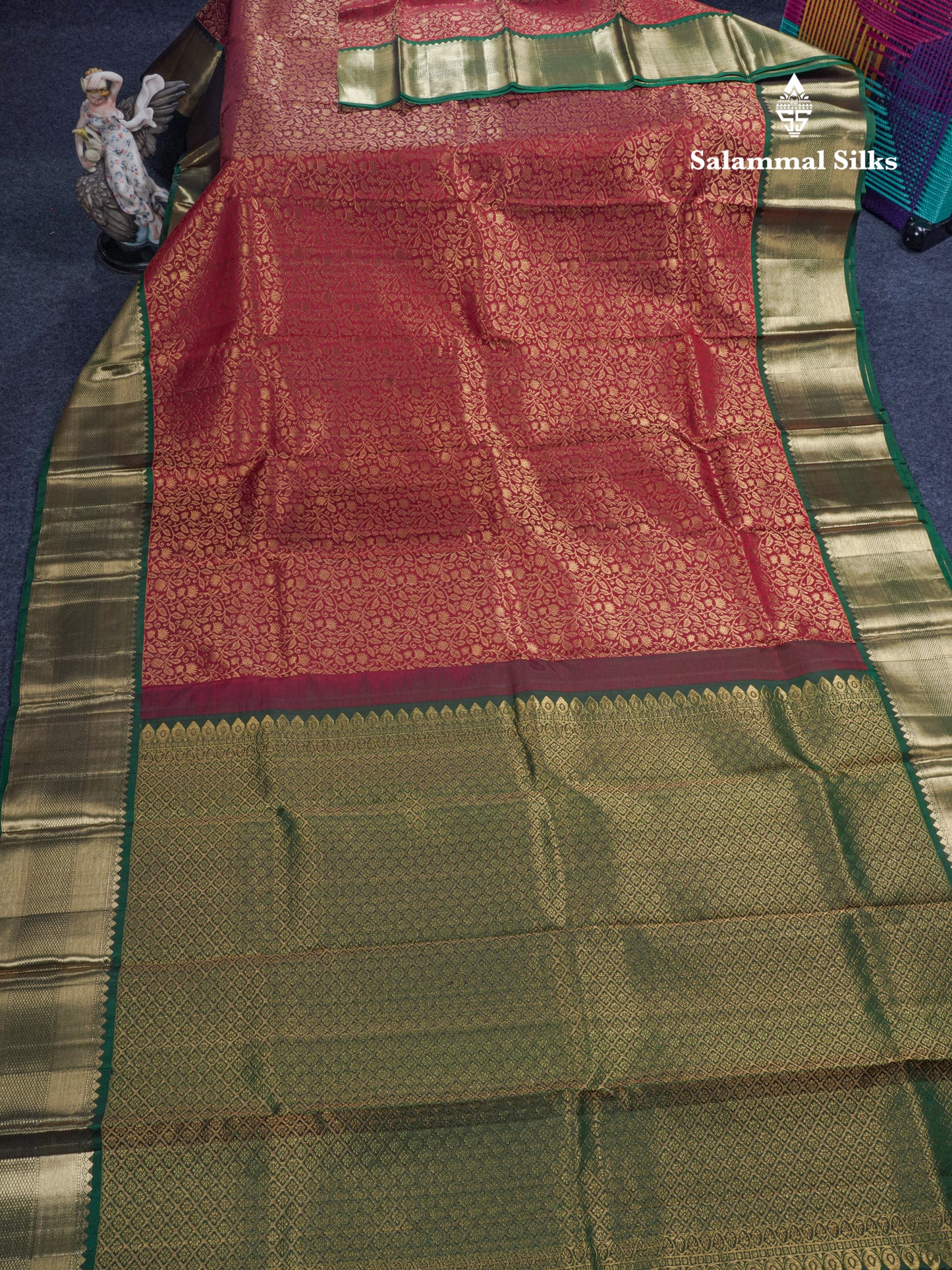 Maroon Grand Beautiful Bridal Pure Kanjivaram Silk Saree With Bottle Green Border