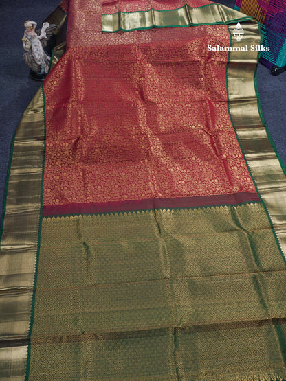 Maroon Grand Beautiful Bridal Pure Kanjivaram Silk Saree With Bottle Green Border