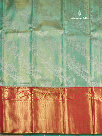 Beautiful Rexona Green Tissue Pure Kanjivaram Silk Saree With Contrast Red Border