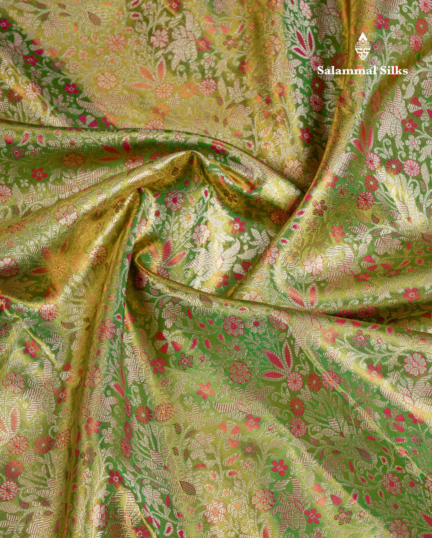 Beautiful Green Tissue Bridal Pure Kanjivaram Silk Saree With Contrast Pink Fancy Border