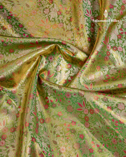 Beautiful Green Tissue Bridal Pure Kanjivaram Silk Saree With Contrast Pink Fancy Border