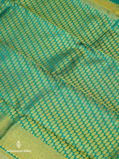 Beautiful Cream Sandal Bridal Pure Kanjivaram Silk Saree With Contrast Sapphire Green Traditional Border