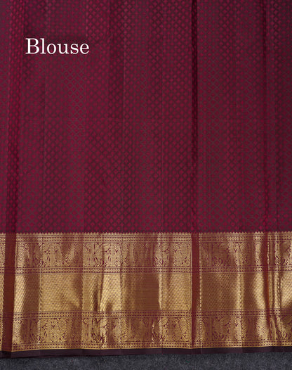Beautiful Dark Magenta Peacock & Chakaram Butta Bridal 2G Pure Kanjivaram Silk Saree With Traditional Evening Morning Border