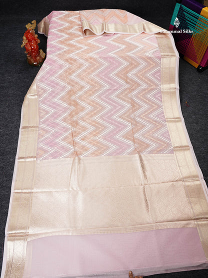 Semi Organza -  Multi Colour Zig-Zag Thread Work  Fancy Saree With Traditional Border