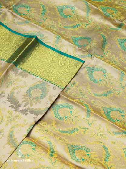 Beautiful Cream Sandal Bridal Pure Kanjivaram Silk Saree With Contrast Sapphire Green Traditional Border