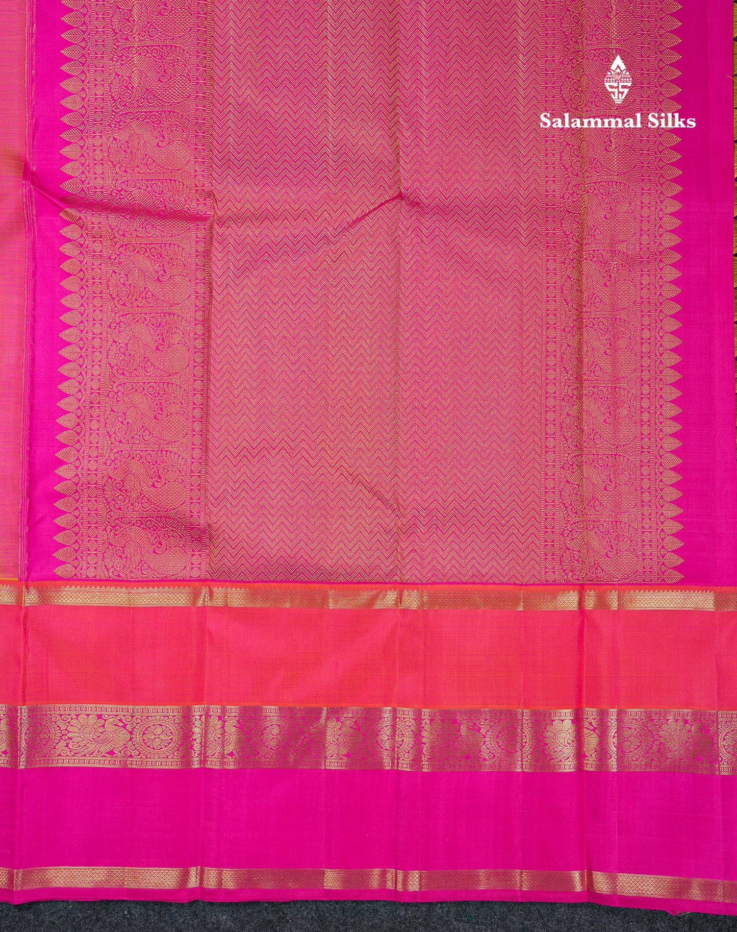 Korvai Beautiful Yellow Peacock & Chakaram Buttas Pure Kanjivaram Silk Saree With Traditional Ganga Jamuna Long Border
