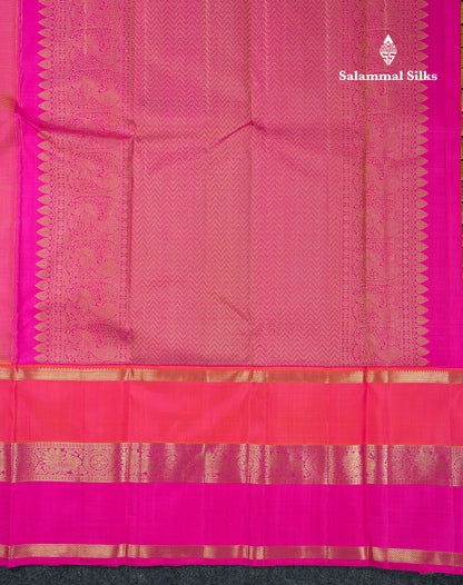 Korvai Beautiful Yellow Peacock & Chakaram Buttas Pure Kanjivaram Silk Saree With Traditional Ganga Jamuna Long Border