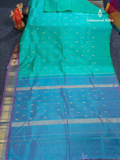 Sapphire Green Pure Kanjivaram Silk Saree With Contrast Purple One Side Traditional Border