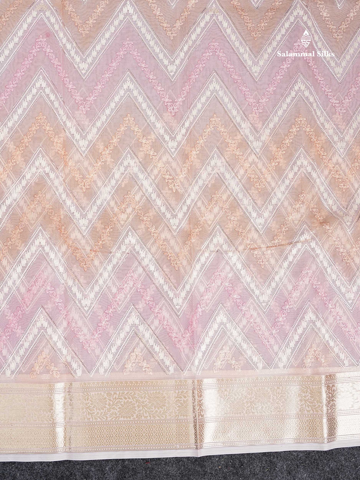 Semi Organza -  Multi Colour Zig-Zag Thread Work  Fancy Saree With Traditional Border