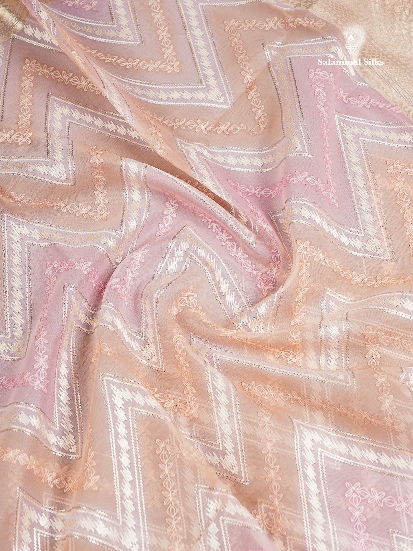 Semi Organza -  Multi Colour Zig-Zag Thread Work  Fancy Saree With Traditional Border