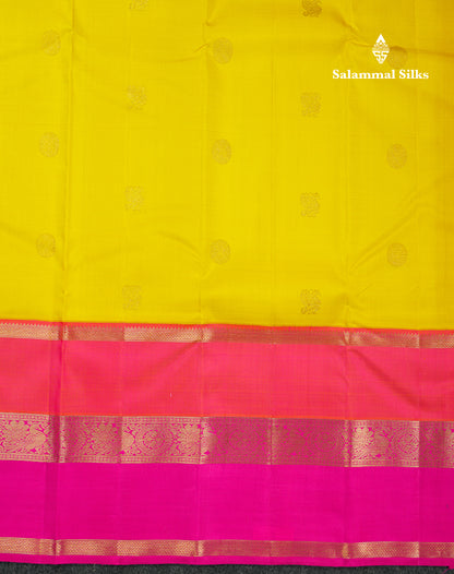 Korvai Beautiful Yellow Peacock & Chakaram Buttas Pure Kanjivaram Silk Saree With Traditional Ganga Jamuna Long Border