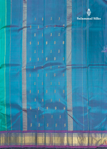 Sapphire Green Pure Kanjivaram Silk Saree With Contrast Purple One Side Traditional Border