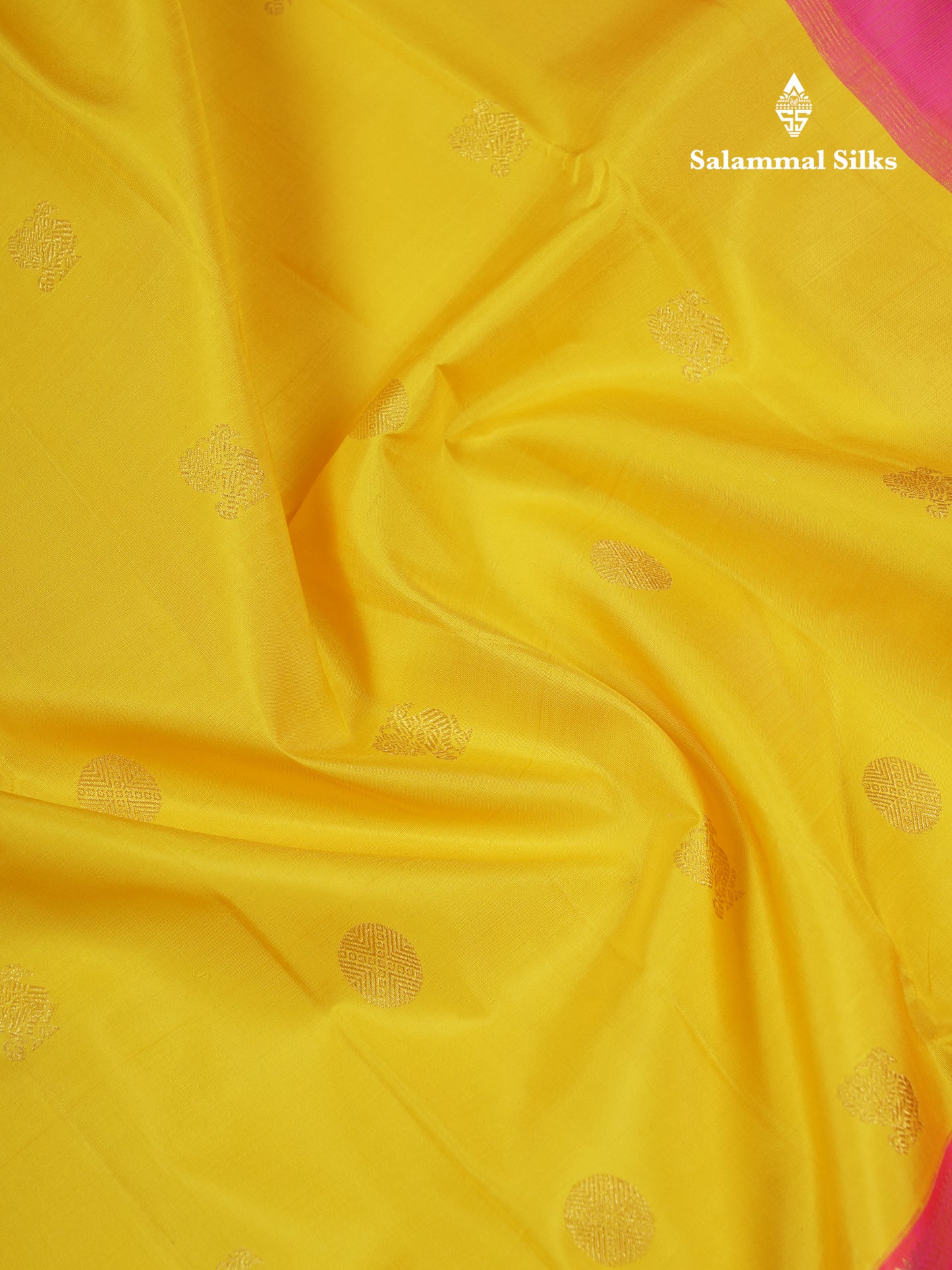 Korvai Beautiful Yellow Peacock & Chakaram Buttas Pure Kanjivaram Silk Saree With Traditional Ganga Jamuna Long Border