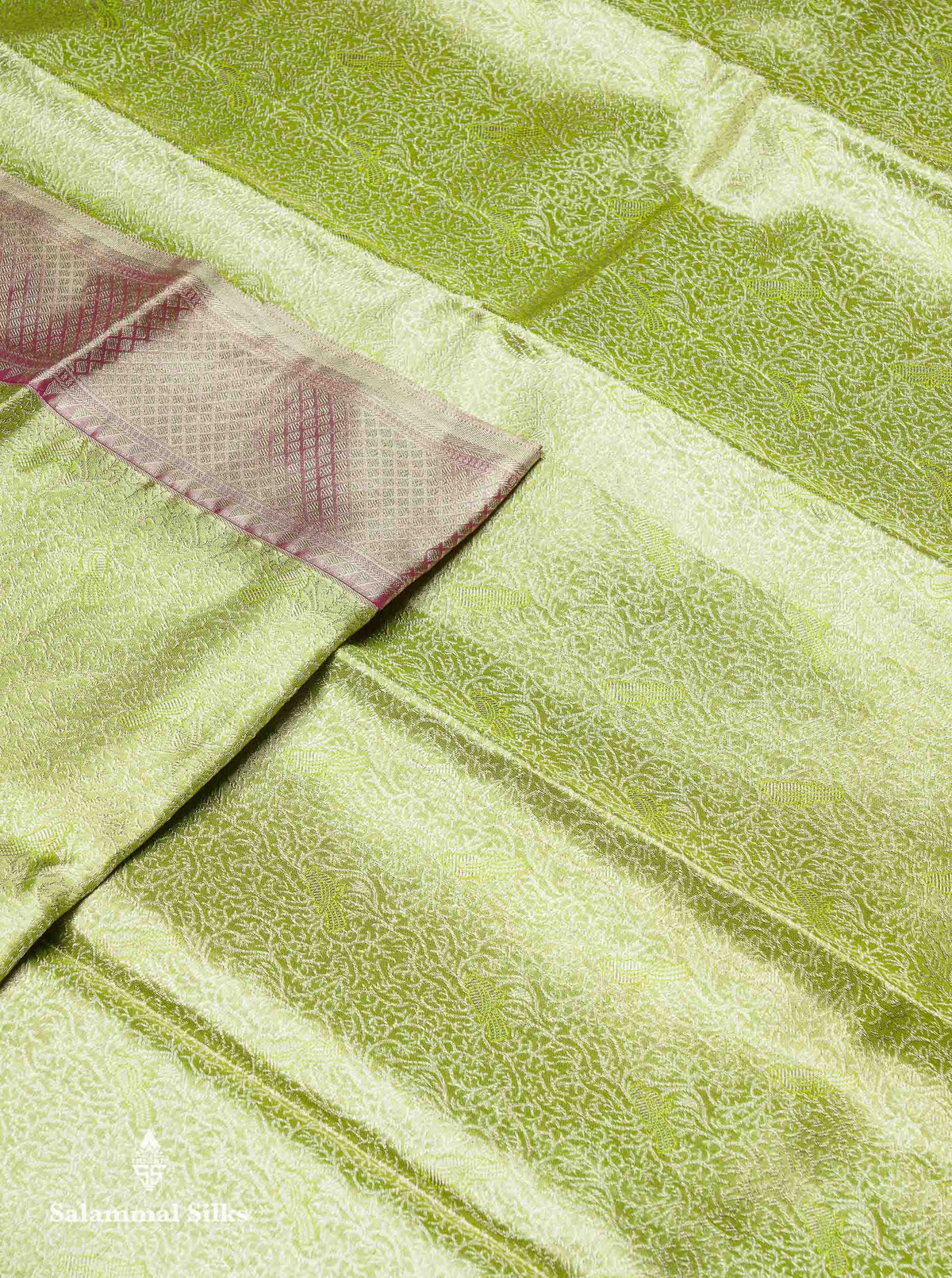 Beautiful Light Green Tissue Bridal Pure Kanjivaram Silk Saree With Contrast Light Chocolate Traditional Evening Morning Border