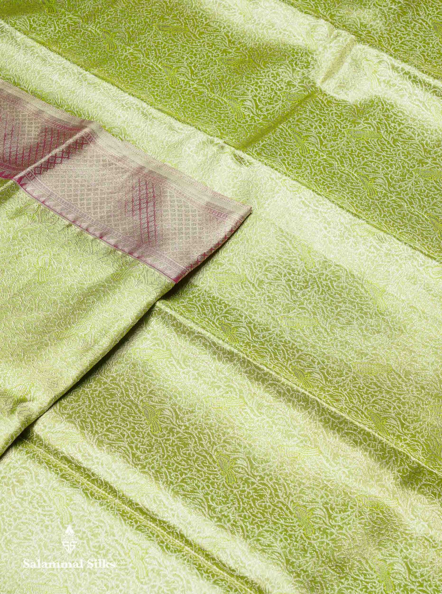 Beautiful Light Green Tissue Bridal Pure Kanjivaram Silk Saree With Contrast Light Chocolate Traditional Evening Morning Border