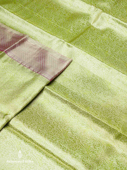 Beautiful Light Green Tissue Bridal Pure Kanjivaram Silk Saree With Contrast Light Chocolate Traditional Evening Morning Border