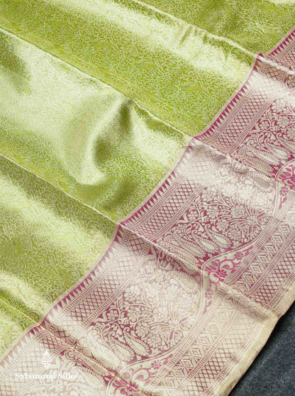 Beautiful Light Green Tissue Bridal Pure Kanjivaram Silk Saree With Contrast Light Chocolate Traditional Evening Morning Border