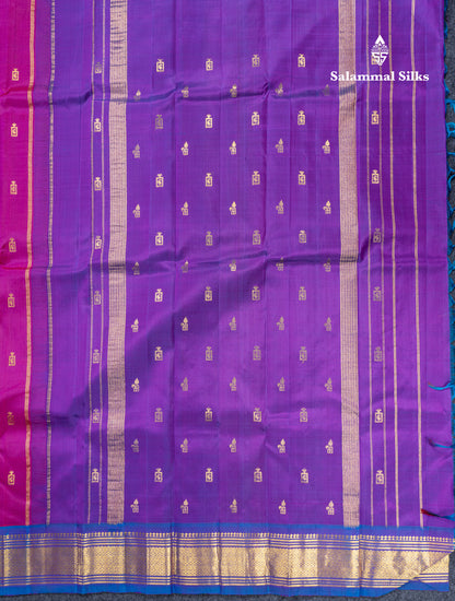Dark Purple Pure Kanjivaram Silk Saree With Contrast Anandha Blue One Side Traditional Border