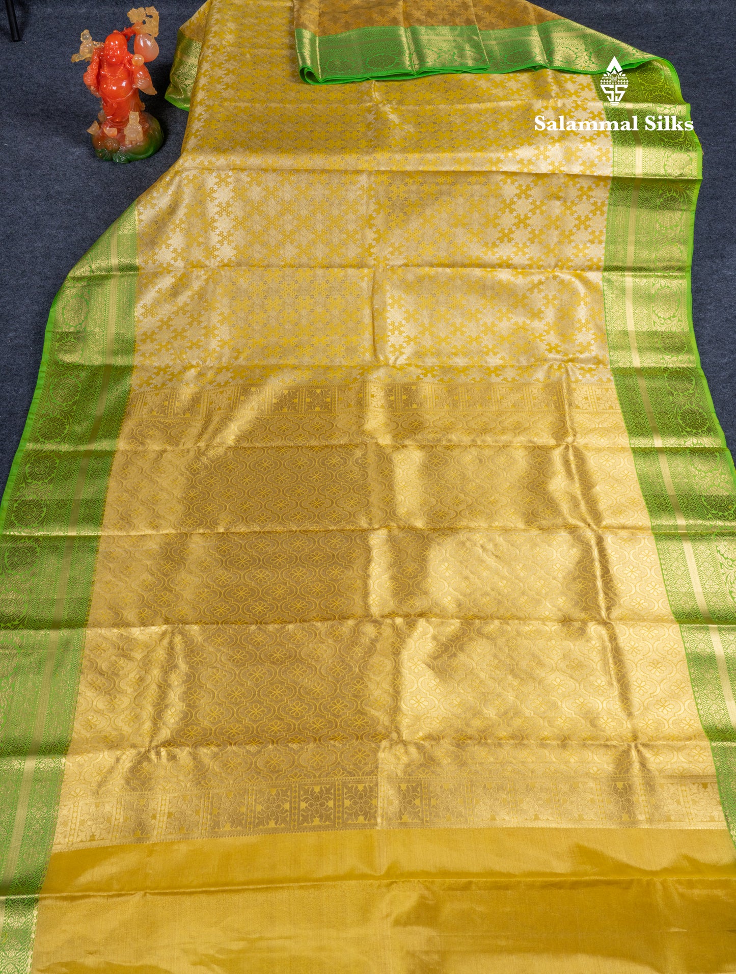 Lemon Yellow Bridal Tissue Puremix Silk Saree With Parrot Green Border