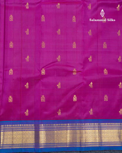 Dark Purple Pure Kanjivaram Silk Saree With Contrast Anandha Blue One Side Traditional Border