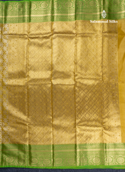 Lemon Yellow Bridal Tissue Puremix Silk Saree With Parrot Green Border
