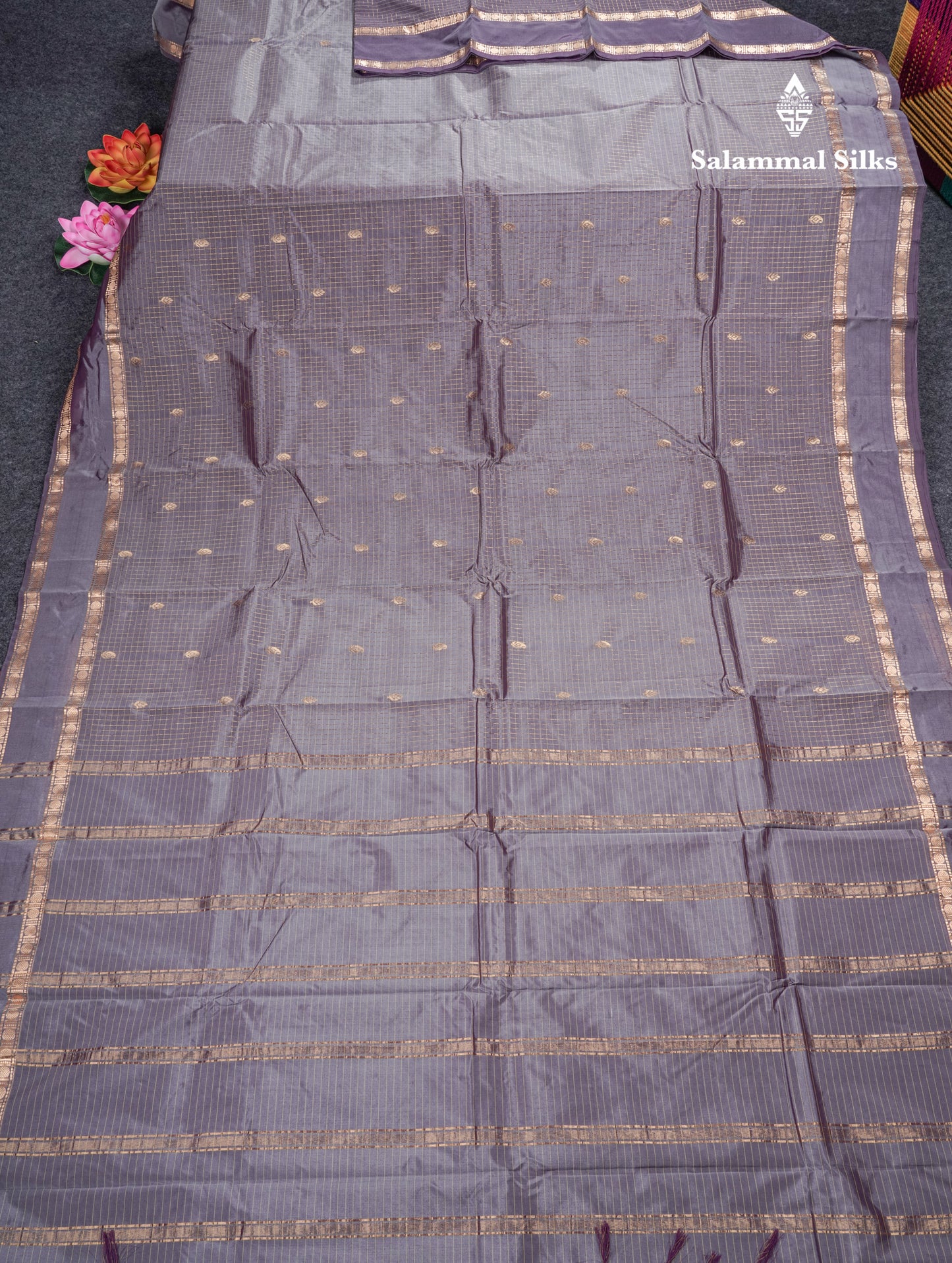 Light Weight Semi Silk Saree - Brown Checks With Butta With Traditional Rettapet Border