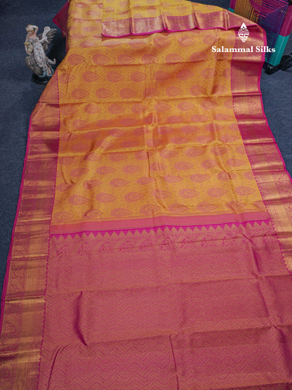Yellow Meenakari Work Grand Bridal Pure Kanjivaram Silk Saree With Pink Border