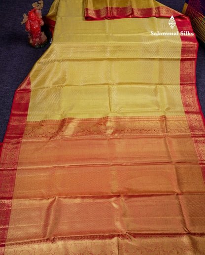 Beautiful Gold Tissue Bridal Pure Kanjivaram Silk Saree With Contrast Chilly Red Traditional Medium Border