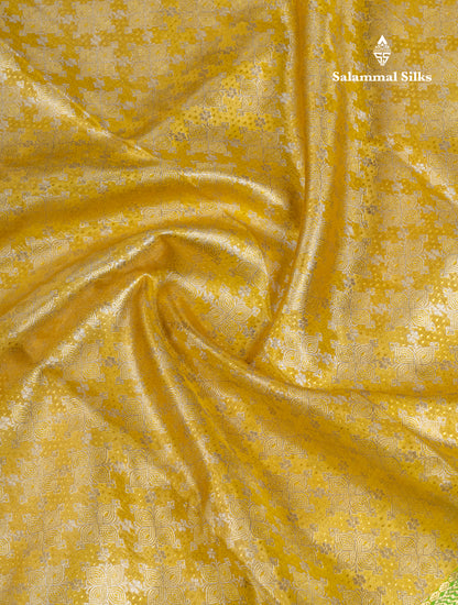 Lemon Yellow Bridal Tissue Puremix Silk Saree With Parrot Green Border