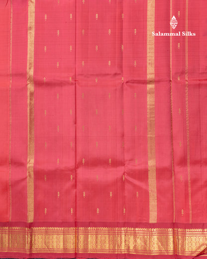 Peach Pink Pure Kanjivaram Silk Saree With Contrast Tomato Red One Side Traditional Border