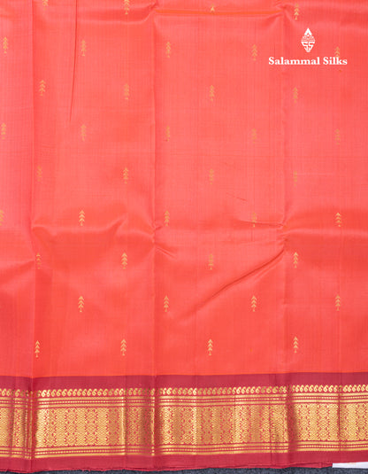 Peach Pink Pure Kanjivaram Silk Saree With Contrast Tomato Red One Side Traditional Border