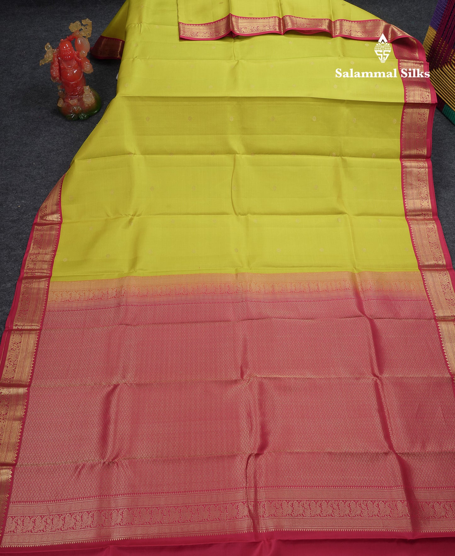 Beautiful Manthulir Yellow Vairaoosi Lines With Butta Pure Kanjivaram Silk Saree with Contrast Maroon Small Border