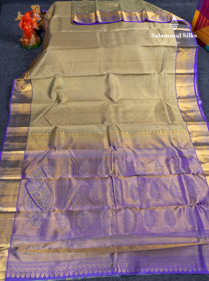 Greenish Grey Bridal Pure Kanjivaram Silk Saree With Contrast Violet Traditional Border