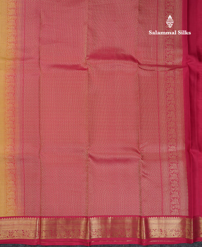 Beautiful Manthulir Yellow Vairaoosi Lines With Butta Pure Kanjivaram Silk Saree with Contrast Maroon Small Border