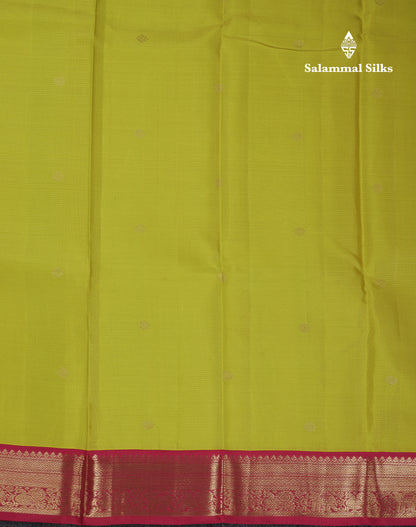 Beautiful Manthulir Yellow Vairaoosi Lines With Butta Pure Kanjivaram Silk Saree with Contrast Maroon Small Border
