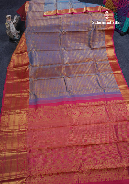 Dual Tone Blue Bridal Pure Kanjivaram Silk Saree With Pink Evening Morning Border