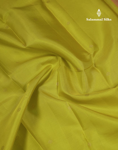 Beautiful Manthulir Yellow Vairaoosi Lines With Butta Pure Kanjivaram Silk Saree with Contrast Maroon Small Border