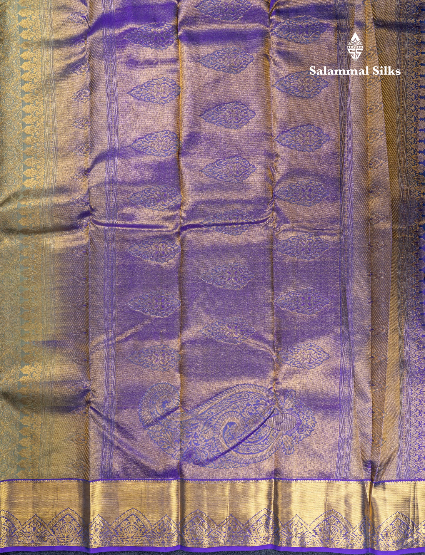 Greenish Grey Bridal Pure Kanjivaram Silk Saree With Contrast Violet Traditional Border