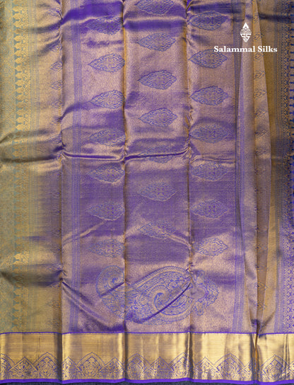Greenish Grey Bridal Pure Kanjivaram Silk Saree With Contrast Violet Traditional Border