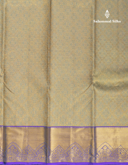 Greenish Grey Bridal Pure Kanjivaram Silk Saree With Contrast Violet Traditional Border