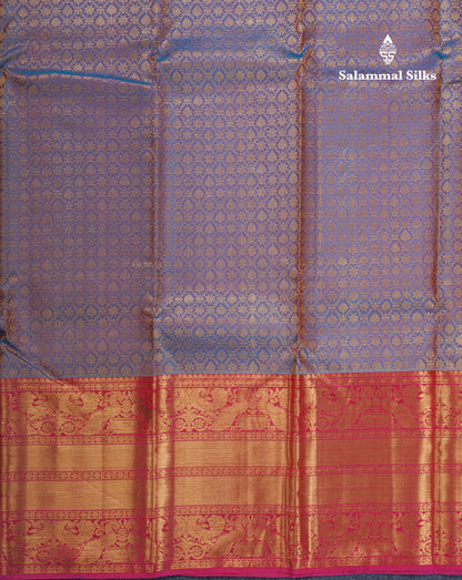 Dual Tone Blue Bridal Pure Kanjivaram Silk Saree With Pink Evening Morning Border